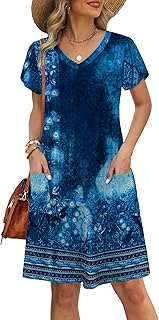 Womens Summer Dresses 2025 Tulip Petal Short Sleeve V Neck Loose Swing Sundresses with Pockets Plain/Print - Buy now