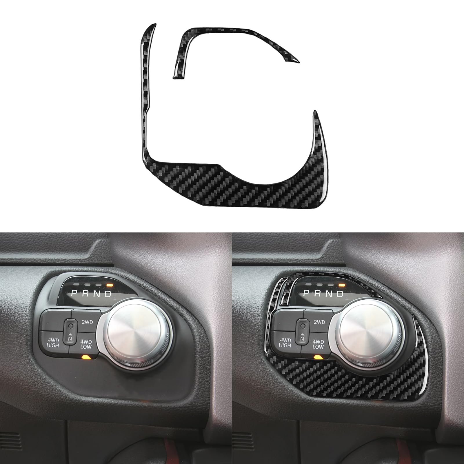PJFUS - Panel de control de cambio de marchas de coche de fibra de carbono suave, 2 botones de interruptor 4WD, pegatina embellecedora para tablero, compatible con Dodge Ram 1500, 2500, 3500 2019-2023, versión de cabina doble, accesorios interiores de automóvil, color negro
