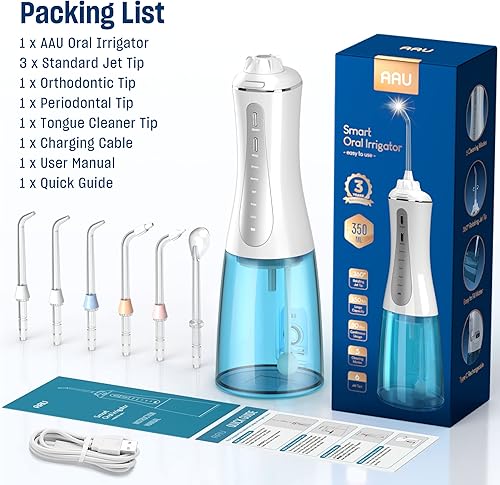 Miniatura 8 de Irrigador dental de agua inalámbrico para dientes – Irrigador oral portátil y recargable de 11.8 fl oz con 5 modos, 6 puntas reemplazables – IPX7
