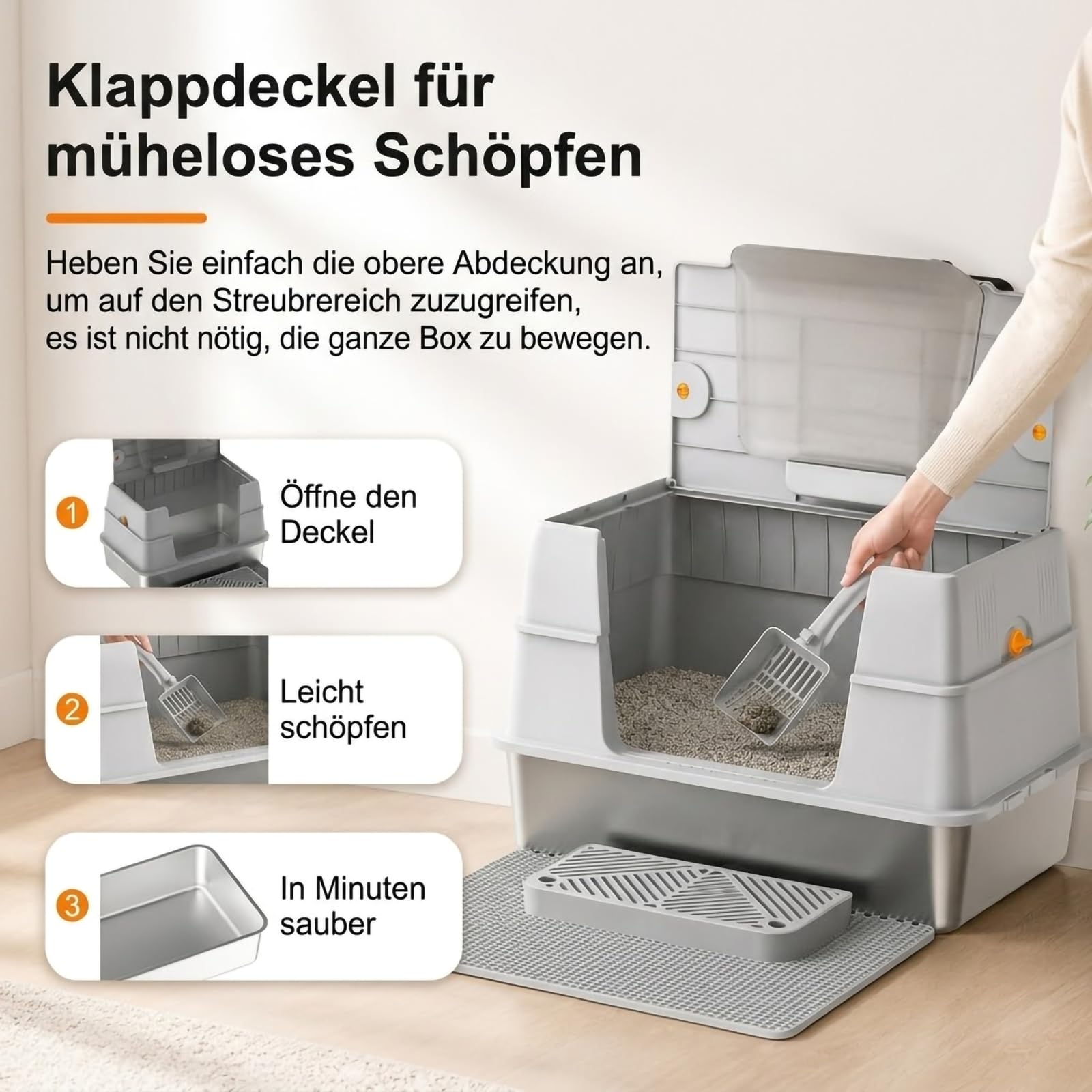 Lettiera per gatti in acciaio inox con coperchio, con ingresso laterale, per gatti di grandi dimensioni, anti-perdite, controllo degli odori con filtro al carbonio, include paletta e tappetino