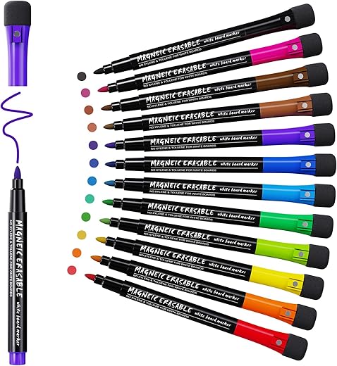 Magnetic Dry Erase Markers Fine: 12 Colors Erasable Whiteboard Markers Fine Point with Eraser Cap, Low Odor White Board Dry Erase Pens Fine Tip for Kids & Teachers, Home, Office and School Supplies