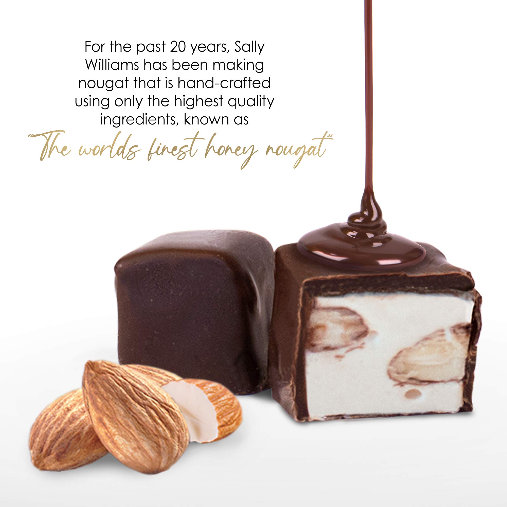 Sally Williams, Coffret cadeau nougat au miel doux de qualité supérieure - Nougats faits main avec amandes et chocolat noir - 125 g - Lot de 10
