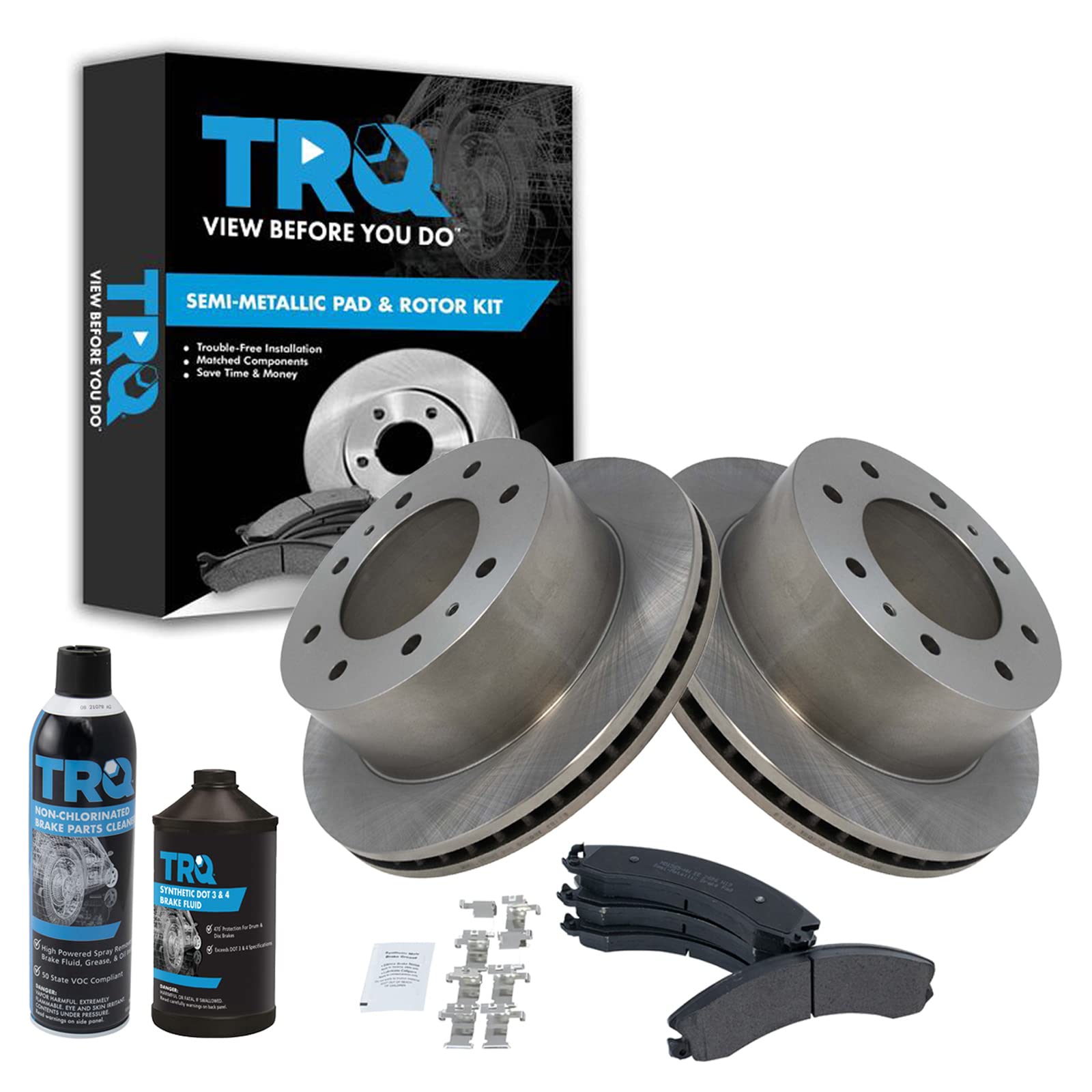 TRQ Rear Brake Pad &amp; Rotor Kit Semi-Metallic Compatible with 2011-2019 Chevrolet Silverado 2500 HD Silverado 3500 HD 2016-2019 Suburban 3500 HD GMC Sierra 2500 HD Sierra 3500 HD