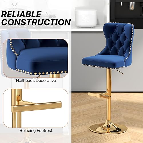 Miniatura 5 de Juego de 2 taburetes de bar, taburetes giratorios de terciopelo con respaldo copetudo, asiento ajustable con ribete de cabezas de clavos, sillas de