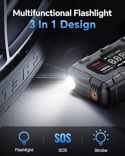 Miniatura 4 de Arrancador de batería de automóvil de 5000 A, con compresor de aire para motor diésel de hasta 9.0L y 8.0L, caja de salto de 12 V con pantalla, luz