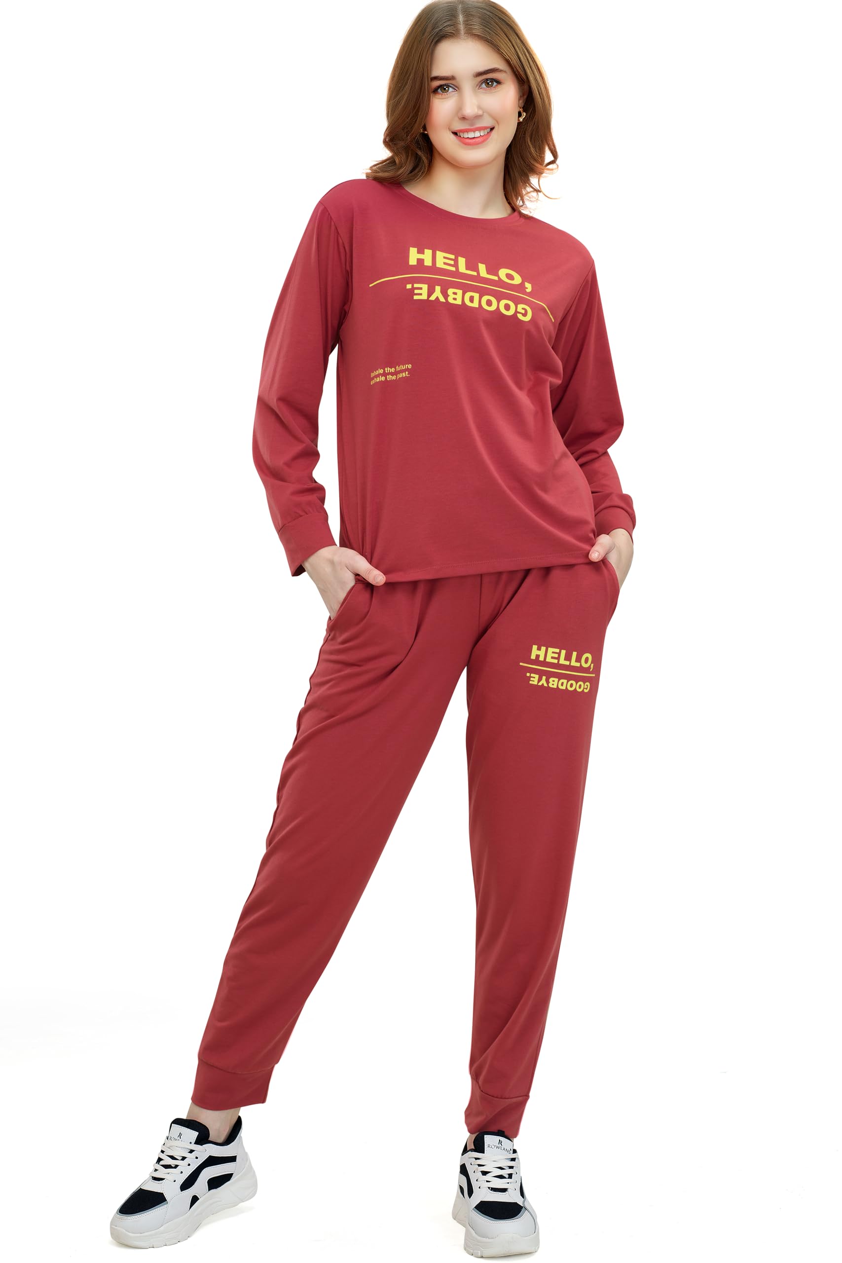 Women Jogging Suit Cotton Lycra Typography Printed Relaxed Night Suit Set of Top & Joggers-image-6