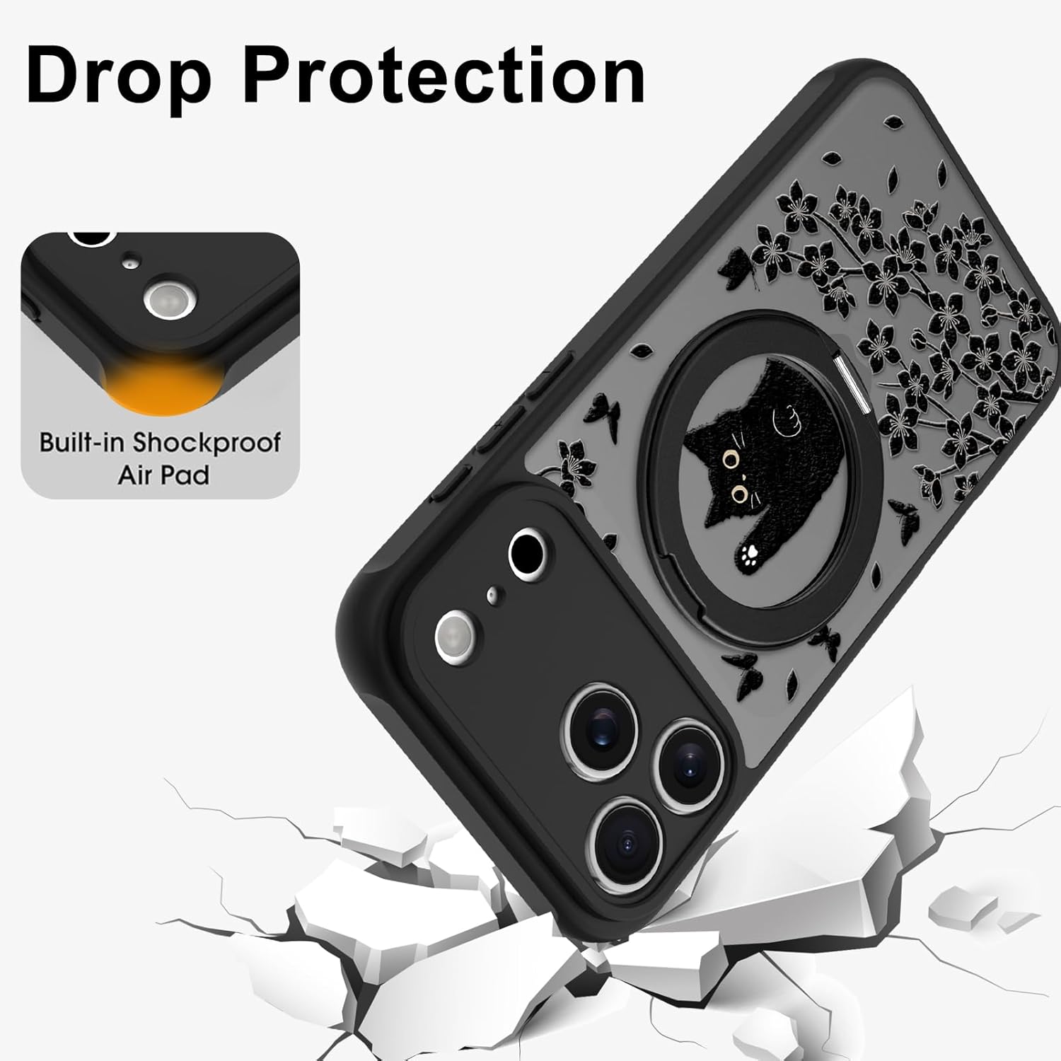 Cute Case for iPhone 17 Pro Max Case with Stand [ Compatible with MagSafe ] Kawaii Black Cat & Floral & Butterflies Pattern Design 360 Magnetic Ring Kickstand Phone Cover for Women Girls Boys - Image 5