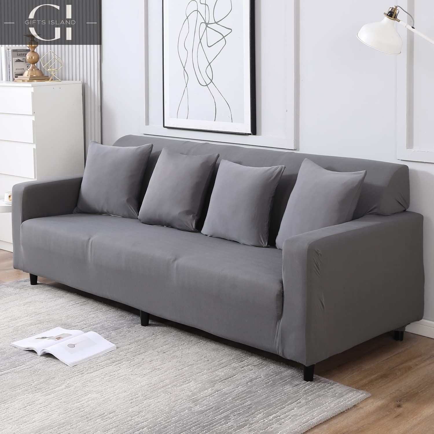 Sofa Cover 4 Seater Fully Covered with 4 Cushion Cover | Universal Fit | Washable | Non-Slip Sticky | Elastic | Stretchable Fabric | Couch Sofa Set Slipcover Protector (4 Seater, Grey)-image-46