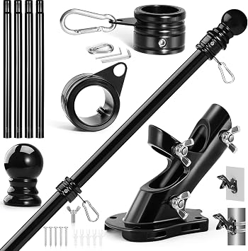 Anovo Flag Pole Kit- Upgraded Holder, Stainless Steel 5 FT Flag Poles with1 Inch Metal 360 Rotating Flag Pole Rings Two-Position Flag Pole Bracket Mounting for Outside House Porch 5 FT-Black