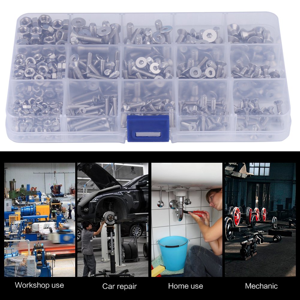 440pcs M3 + M4 + M5 Hex Socket Flat Head Screws Screw Kit Bolts and Nuts with Storage Box, Stainless Steel