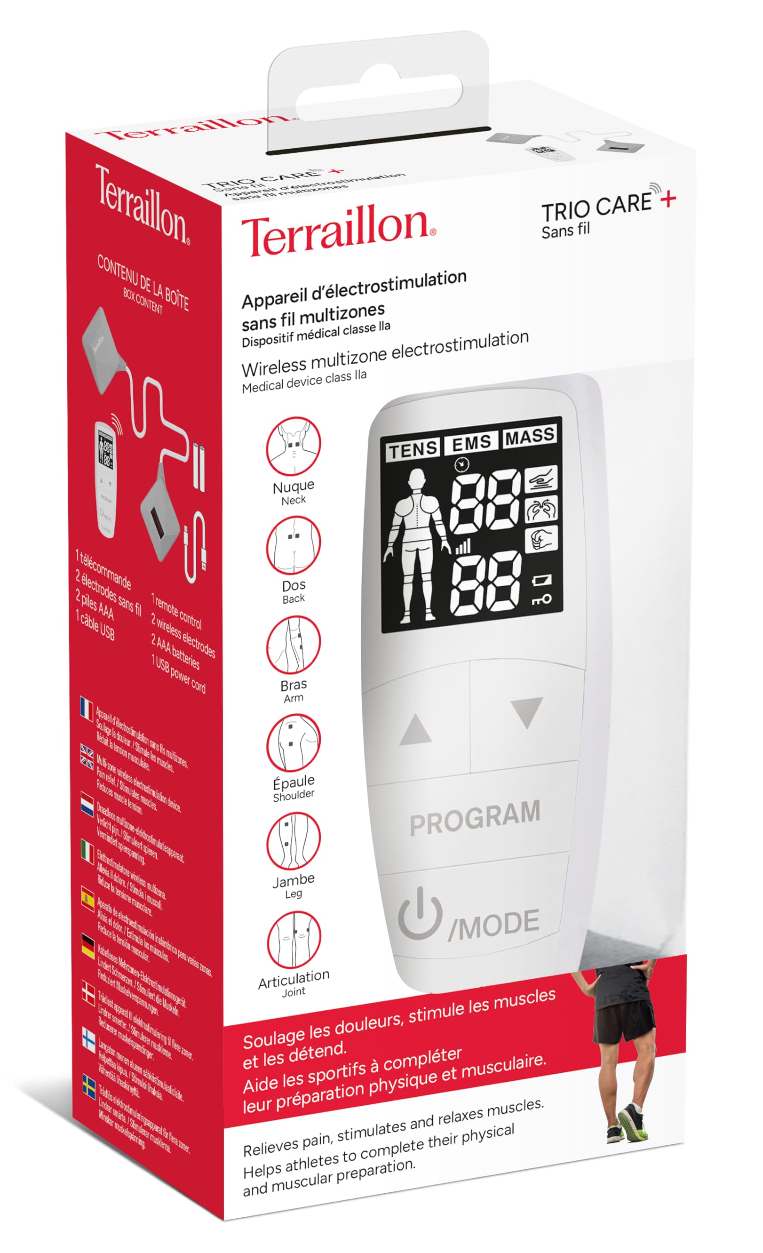 Terraillon Electrostimulation 3 en 1 (EMS/TENS/MASS) TRIO CARE PLUS - 14 Prog - 60 Niveaux - Ecran LCD - 2 Electrodes Sans Fils