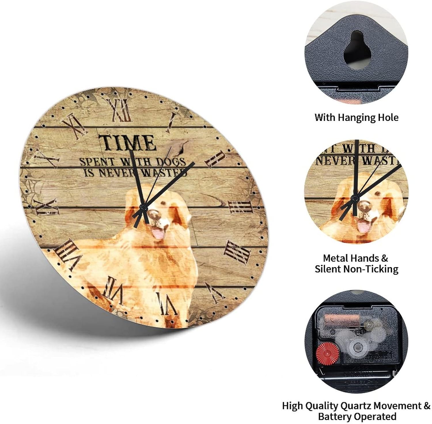 Golden Retriever Dog Owner Wall Clock 15in Time Spent with Dogs Wood Wall Clock Quartz Analog Battery Operated Vintage Style Graduation Gift Popular Wall Decor for Bathroom Condo Countryside image 4