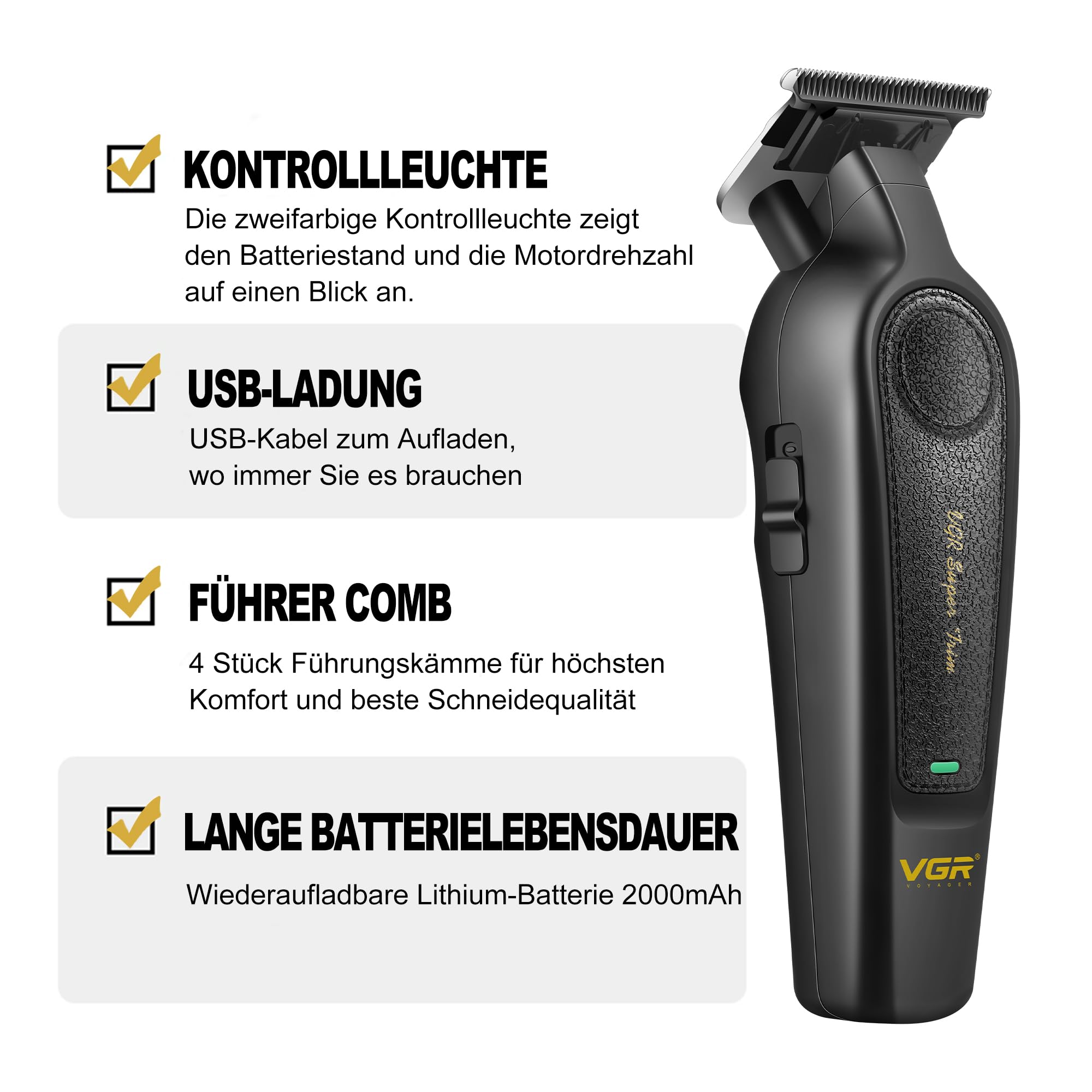 VGR 995 Profi Haartrimmer für Herren Zero Gap Trimmer, Kabelloser Elektrischer Haarschneider mit 4 Kammaufsätzen, USB-C Haarschneider, Leiser Präzisionstrimmer für Reisen