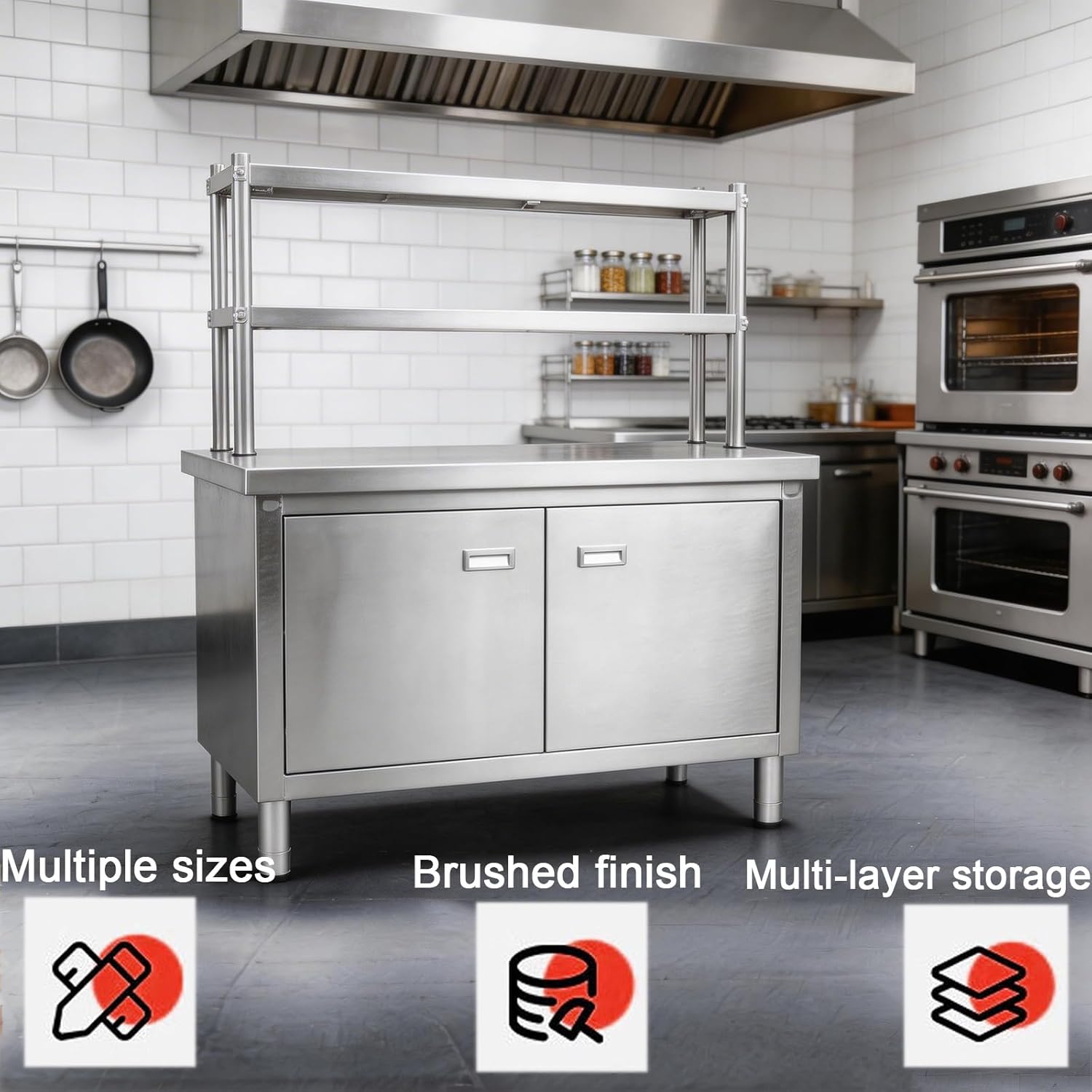 Double-Door Stainless Steel Workbench Brushed Finish Screw-Reinforced Construction Kitchen Work Table Adjustable Legs Removable Shelves Water Proof Suitable for Hotels and Workshops