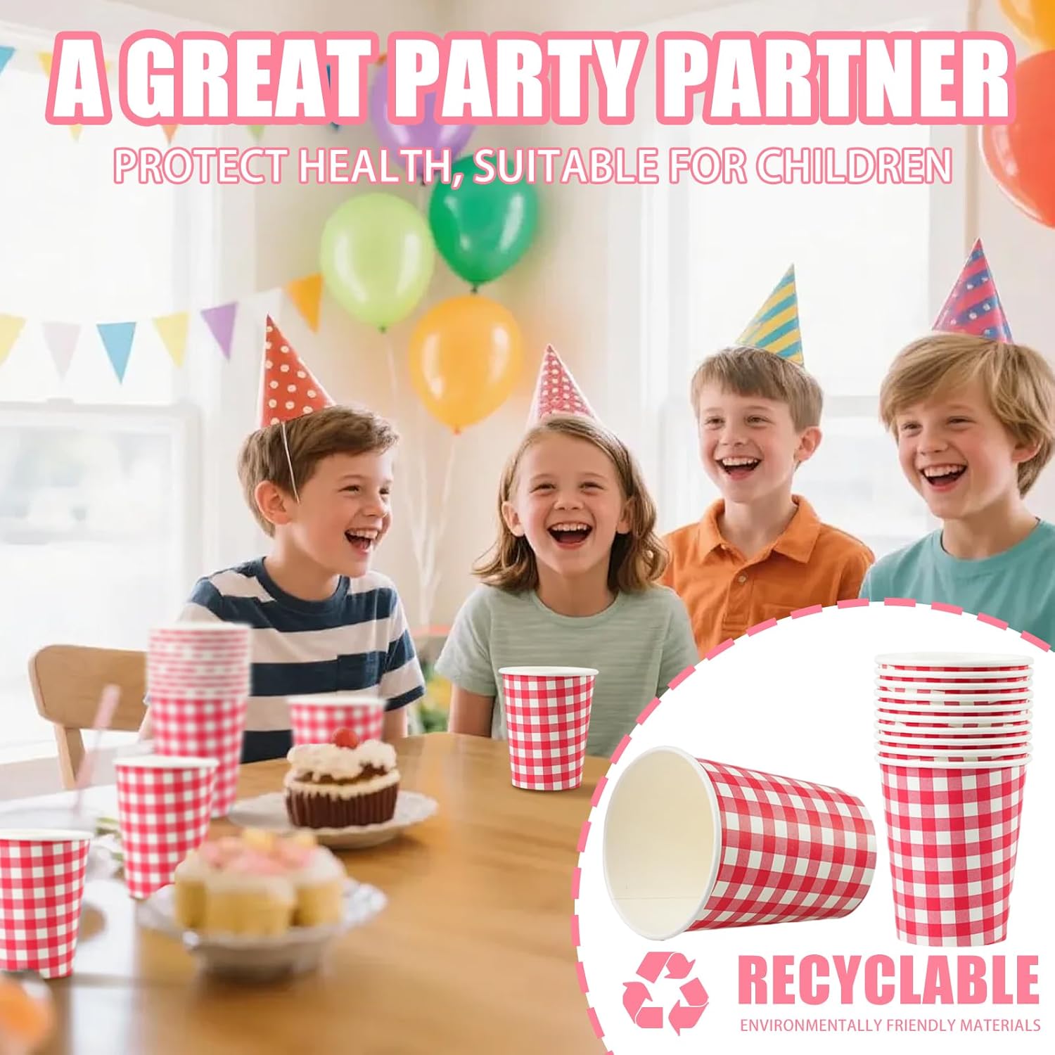 50 Pcs 8 oz Gingham Paper Cups, Disposable Gingham Cups, Red Checkered Cup for Hot Cold Beverage Baby Shower Birthday Party Supplies Decor (Red) - Image 5