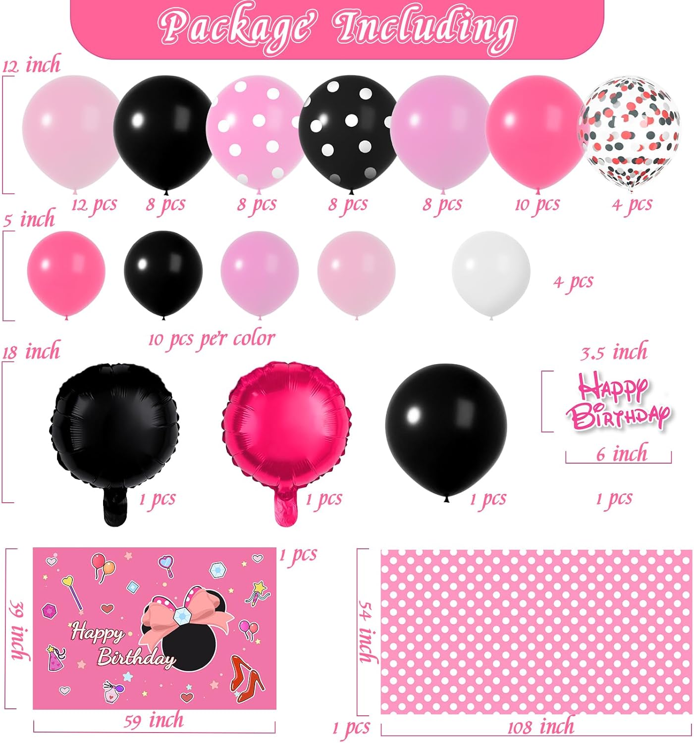 Pink Mouse Birthday Decorations of Pink Mouse Balloon Arch Kit with Backdrop & Tablecloth - Mouse Balloon Garland Different Sizes 5 12 Inch Pink Black Balloons for Girls Baby Shower Birthday Decor - Image 2