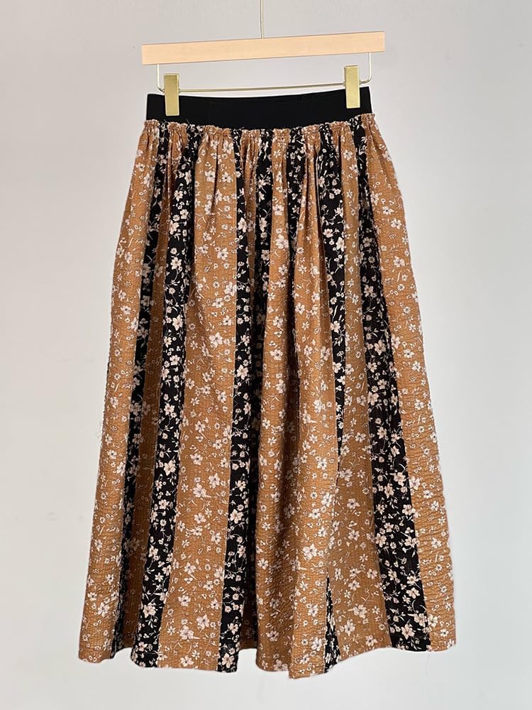 Women’s Retro French Midi Skirt, High-Waisted A-Line Casual Long Cotton