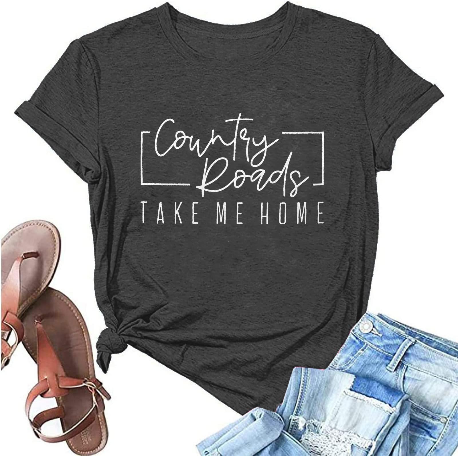 MOUSYACountry Music Shirts Women Country Roads Take Me Home Letter Vintage Graphic Short Sleeve Tee Tops