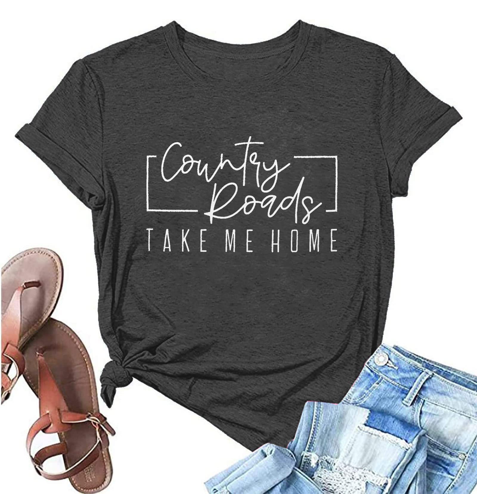 MOUSYACountry Music Shirts Women Country Roads Take Me Home Letter Vintage Graphic Short Sleeve Tee Tops
