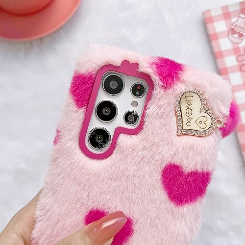 Miniatura 3 de Losin Compatible con Galaxy S22 - Funda peluda ultra afelpada con bonito colgante de bola de corazón de amor 3D, funda de piel mullida y esponjosa,