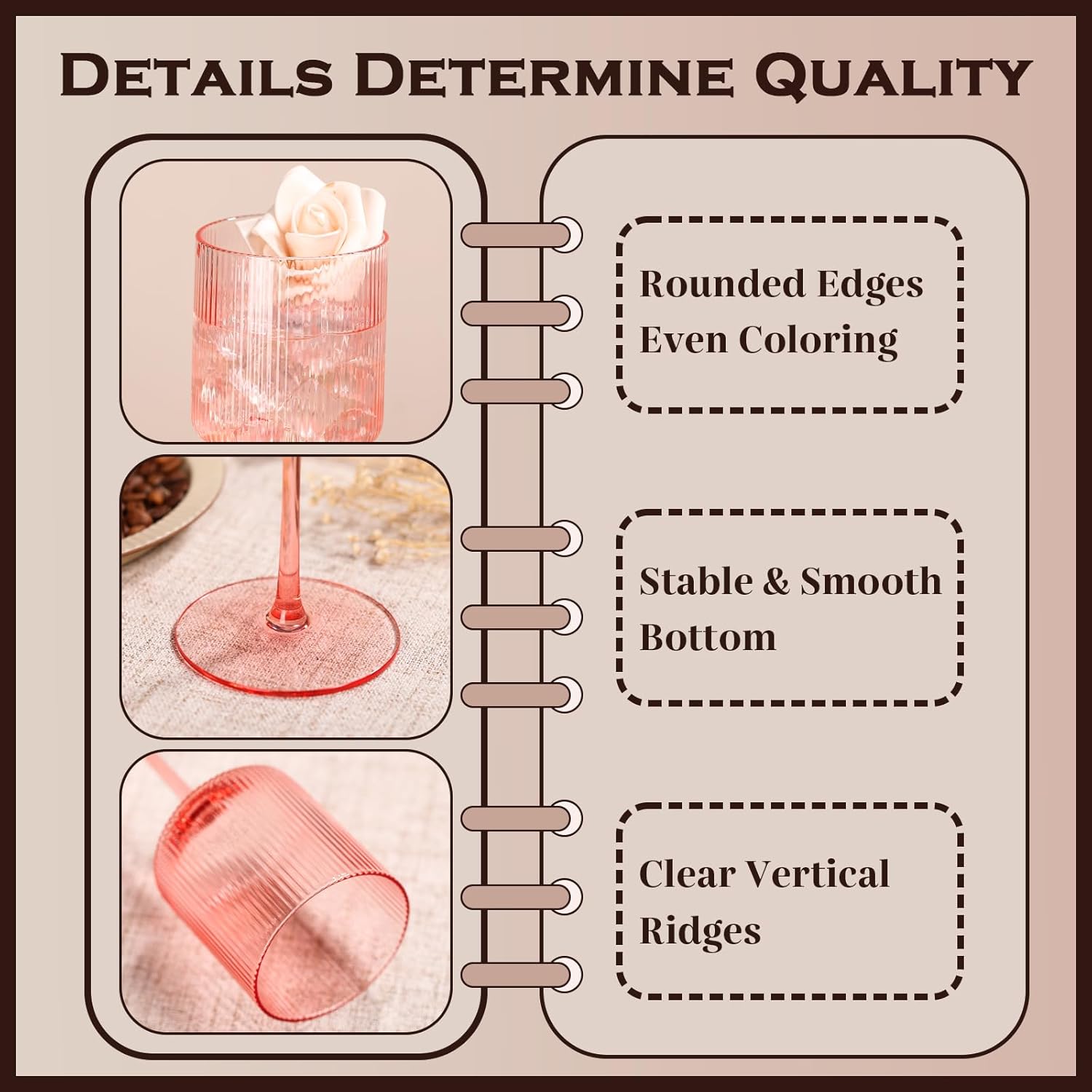 Pink Square Wine Glasses Set of 6, Elegant Ribbed Design Colored Crystal Glassware with Long Stem, 11.5oz Hand Blown Stemware For Red & White Wine Home Bar Party - Image 4