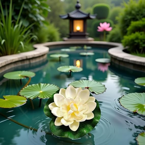 1Pc White Artificial Floating Foam Lotus Flower with Water Lilys Pad Ornanments, Lifelikes Fake Lotus Flowers for Patio Pond Pool Fish Tank Aquarium Home Garden Wedding Party Special Event Decoration