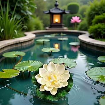 1Pc White Artificial Floating Foam Lotus Flower with Water Lilys Pad Ornanments, Lifelikes Fake Lotus Flowers for Patio Pond Pool Fish Tank Aquarium Home Garden Wedding Party Special Event Decoration