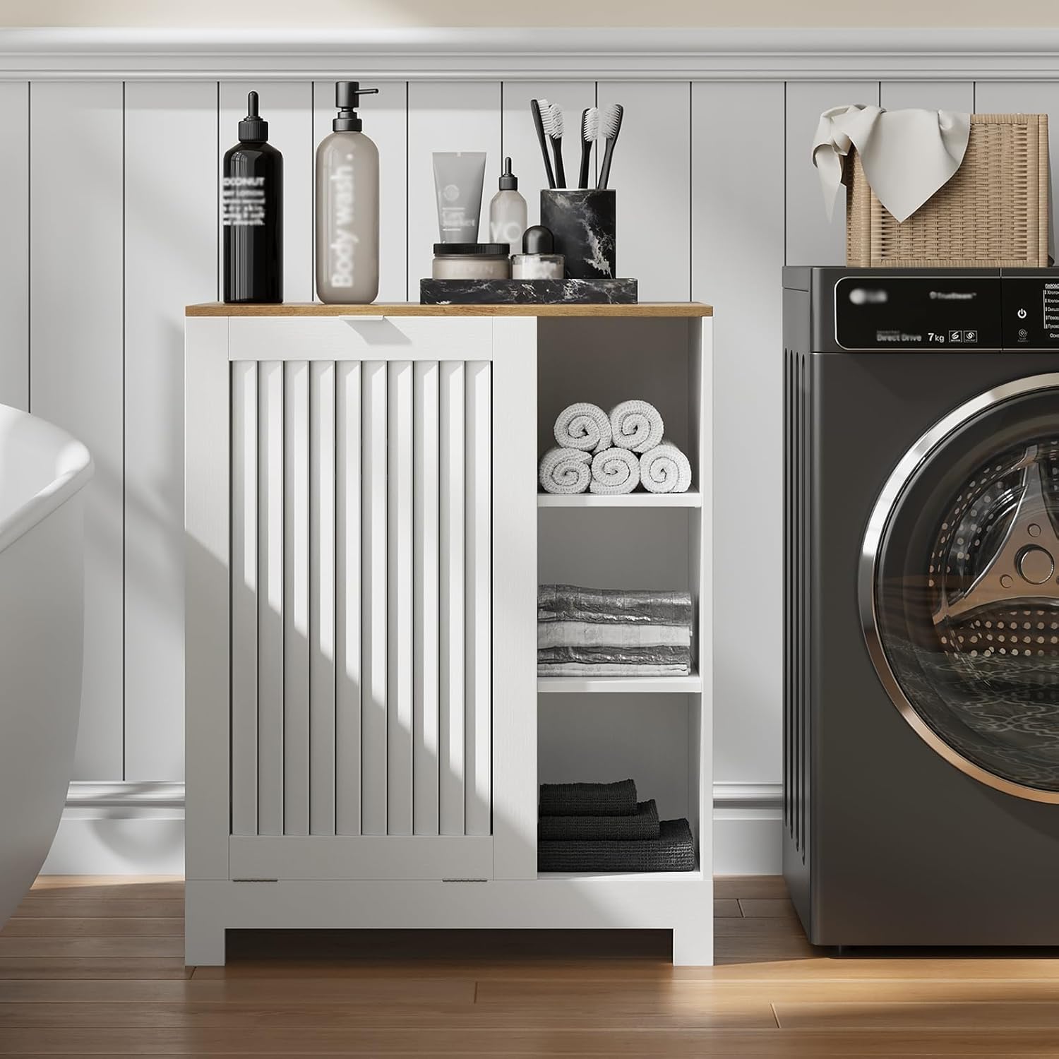 Laundry Hamper Cabinet with Tilt-Out Door, 2-in-1 Laundry Storage Cabinet with Removable Basket & 3 Open Shelves, Freestanding Organizer for Laundry Room, Bathroom