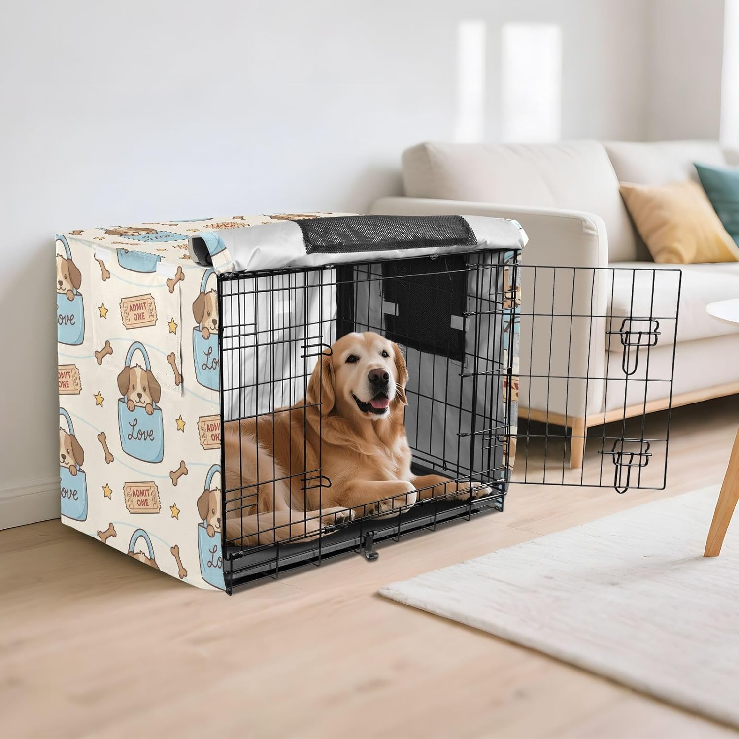 Duty 600D Silver Coated Dog Crate Cover, Water-Resistant Dogs Pet Kennel Canopy with Mesh Windows for Optimal Ventilation, Universal Fit for Standard Wire Cage, Indoor & Travel