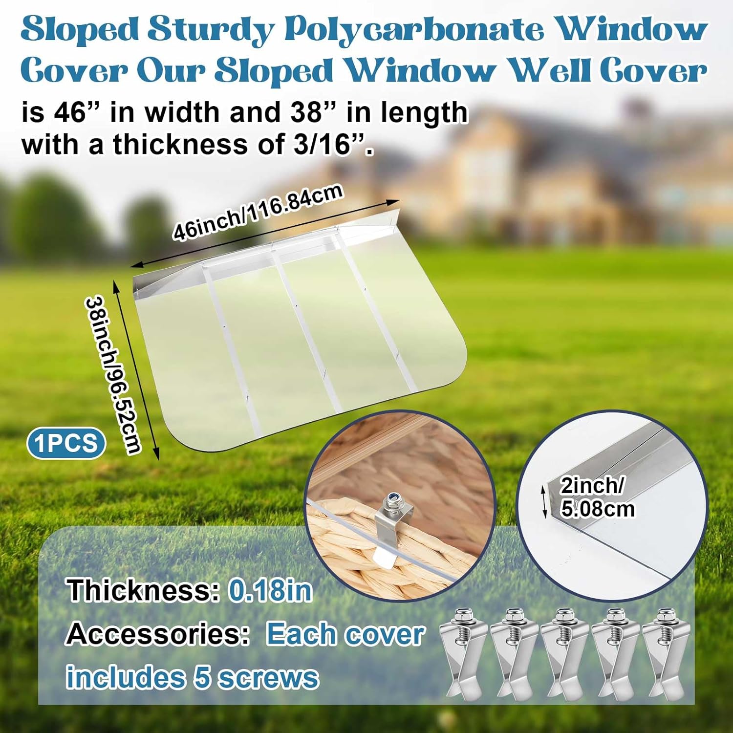 Extra Large 46" x 38" Heavy Duty Polycarbonate Egress Window Well Cover, Sloped Design, Weatherproof, Windproof, Waterproof with Metal Reinforced Frame, Clips and Upgraded Instruction Manual