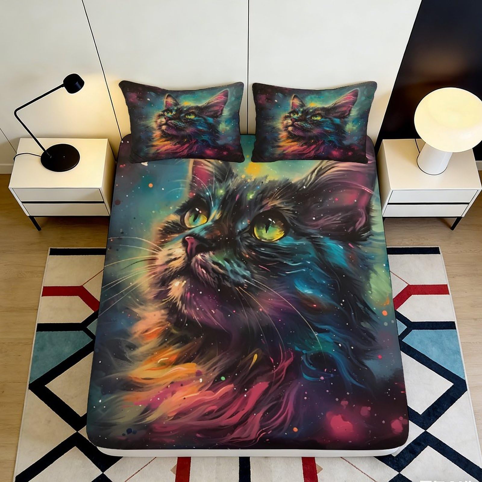 3D Printed Colorful Cat Fitted Sheet Microfiber Deep Pocket Bedroom Bedding Color Cat Mattress Fitted Cover Non-Slip Machine Washable 90x200x25cm