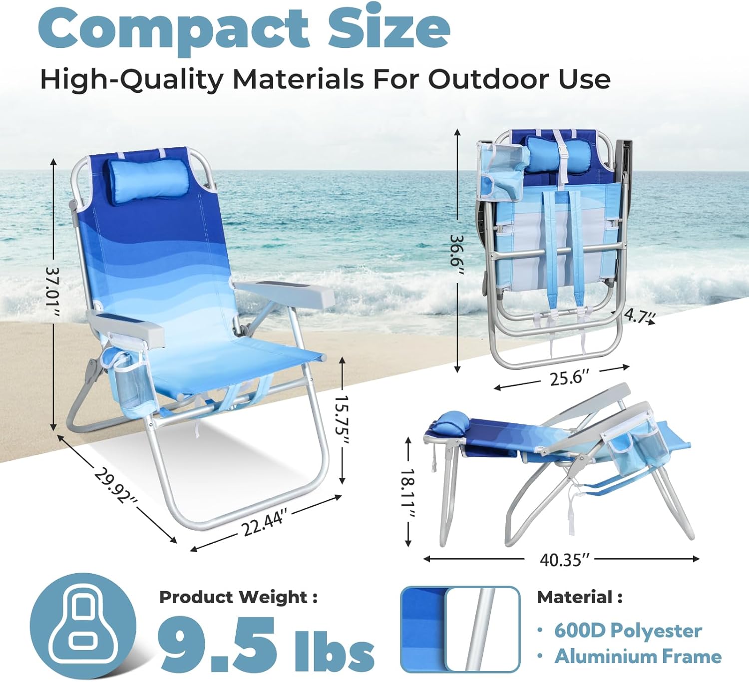 Tall Beach Chairs for Adults – 5-Position Reclining Backpack Chair with Large Insulated Cooler & Storage Pocket, Aluminum Frame, Portable for Travel & Outdoor, Supports 300lbs, Wave Blue