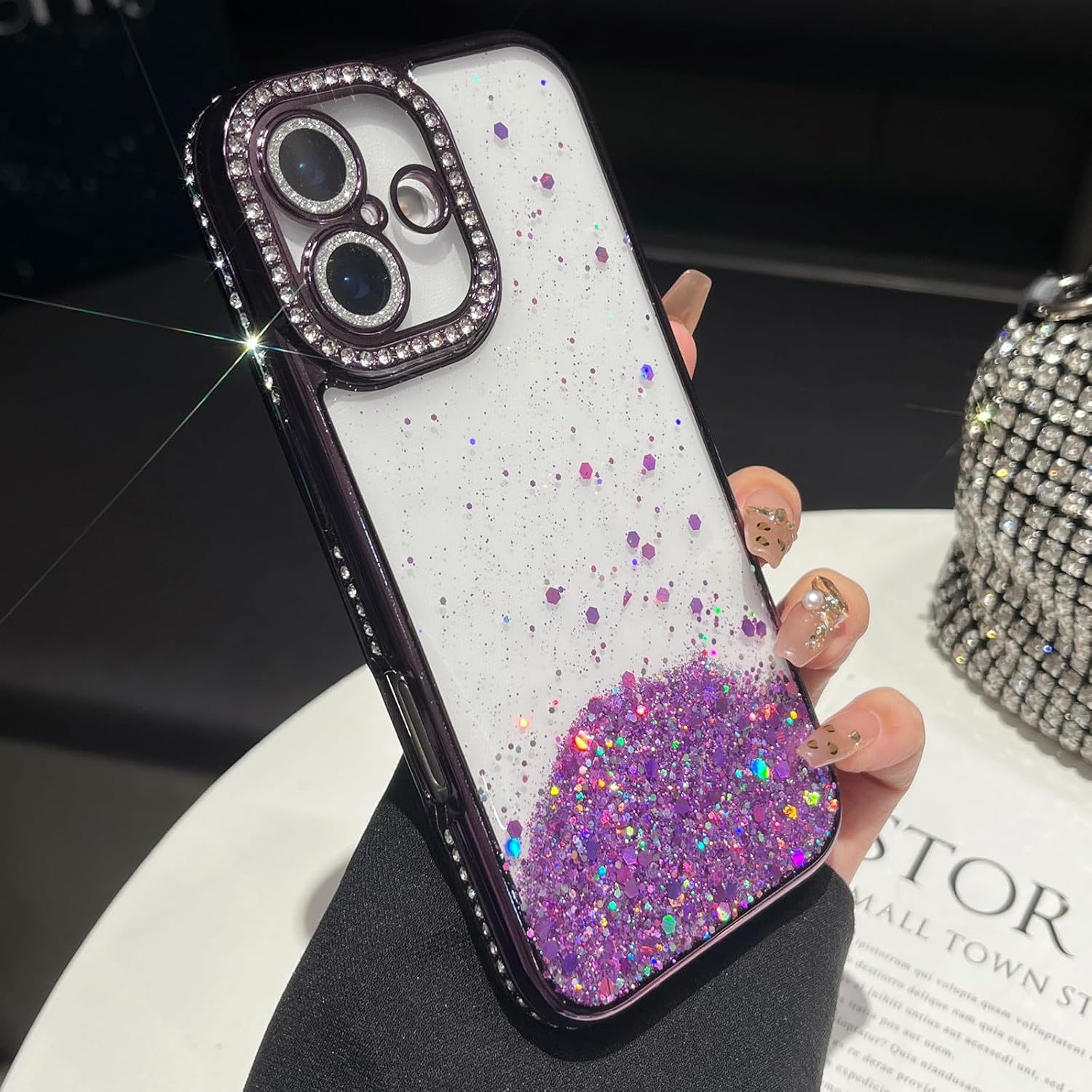 Changjia Clear Glitter Case for iPhone 17,Cute Luxury Bling Sparkly Shiny Diamond Rhinestone with Camera Lens Protector Soft TPU Bumper Shockproof Women Girls Protective Case for iPhone 17 6.3",Purple image 4