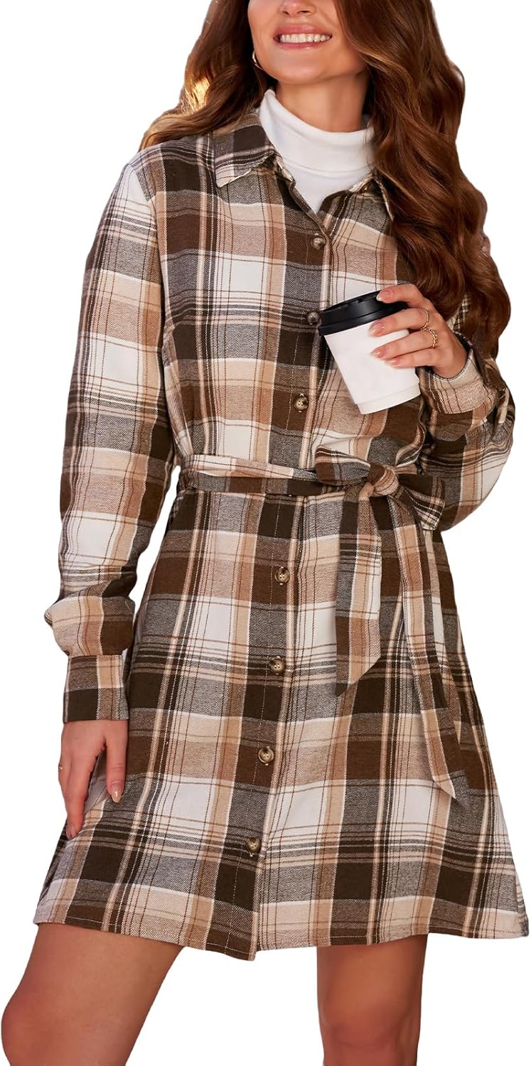 CUPSHE Women's Mini Fall Dresses Button Long Sleeves Plaid Belted Casual Short A Line Shirt Dress