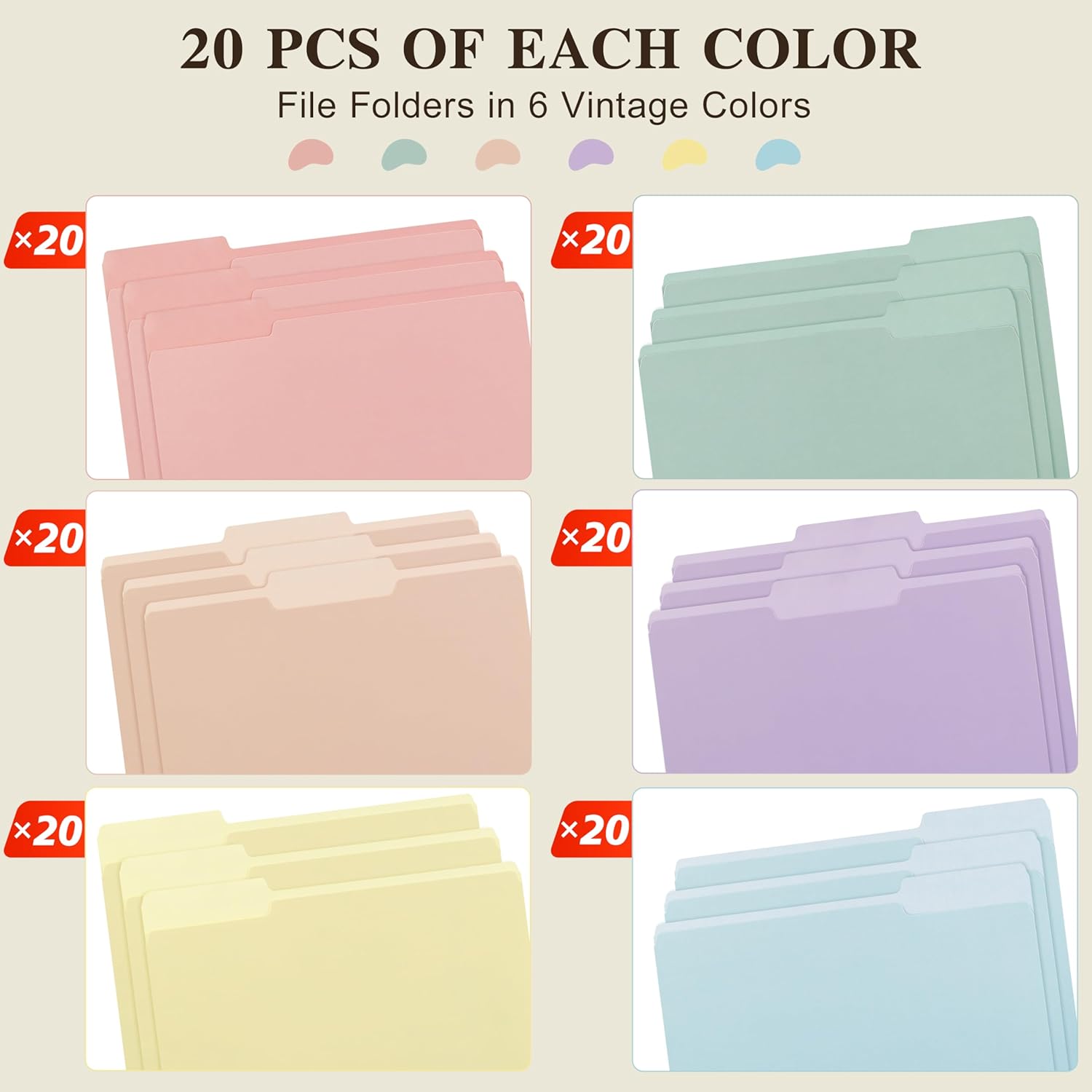 Color File Folders, 1/3-Cut Tabs, 120 Pack File Folder Letter Size, 6 Pastel Colors Organizer File Folders for School Home Office Business