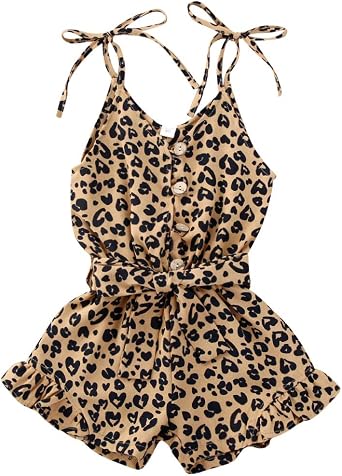 Toddler Kids Baby Girls Summer Clothes Sleeveless Halter Romper Bodysuit Leopard Jumpsuit Overall Outfit Set Leopard-Beige,1-2T
