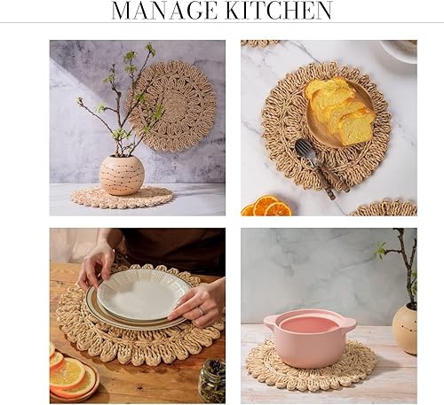 Miniatura 2 de Juego de 10 manteles individuales redondos de cáscara de maíz de 13.8 pulgadas  Tapetes de mesa de ratán tejido bohemio  Cargadores de placa de