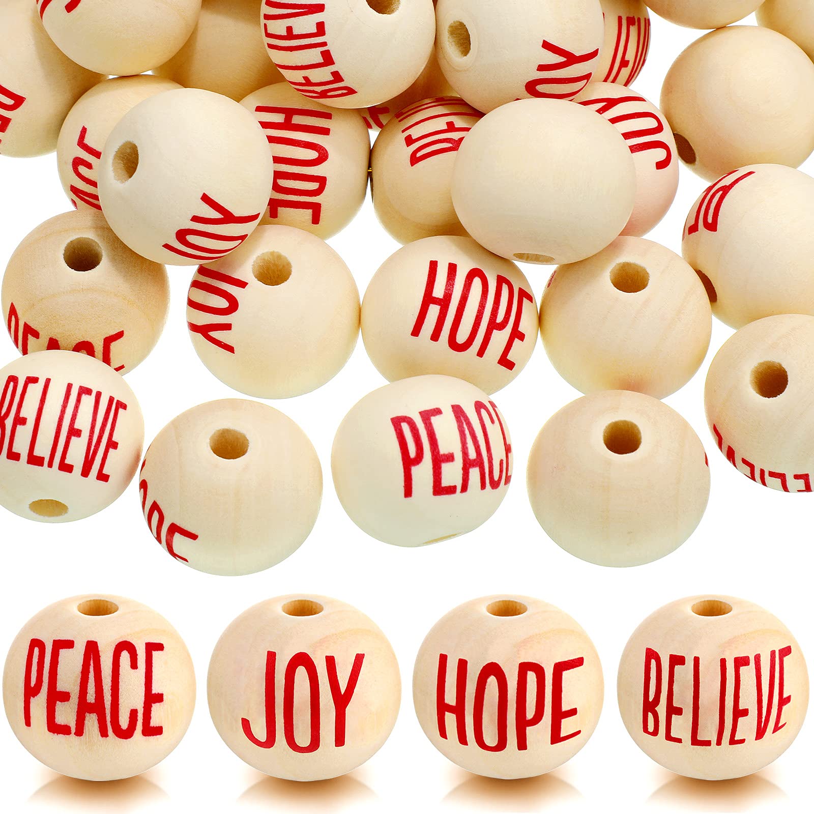 100 Pieces Christmas Wood Bead Christmas Words Sign Greeting Words Beads Wood Balls Ornament Balls Farmhouse for DIY(Popular,Red Print)