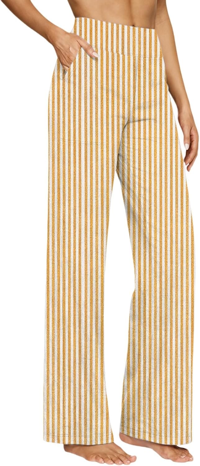 Women's Wide Leg Striped Pants High Waist Spring Summer Business Casual Work Slacks Lounge Trousers with Pockets