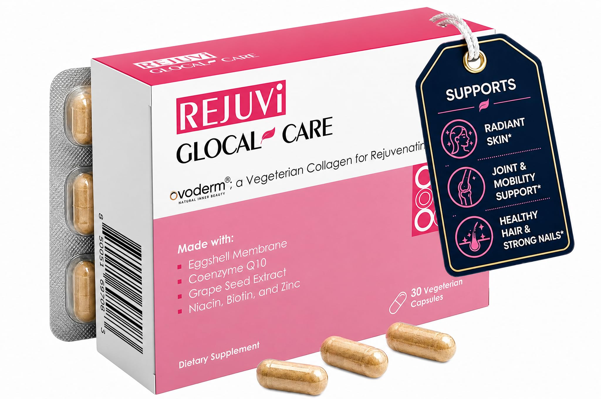 GlocalCare Rejuvi Collagen Booster – 300mg Ovoderm Vegetarian Collagen for Skin Elasticity, Firmness & Joint Support – Biotin, Grape Seed Extract, CoQ10 - (30 Capsules)