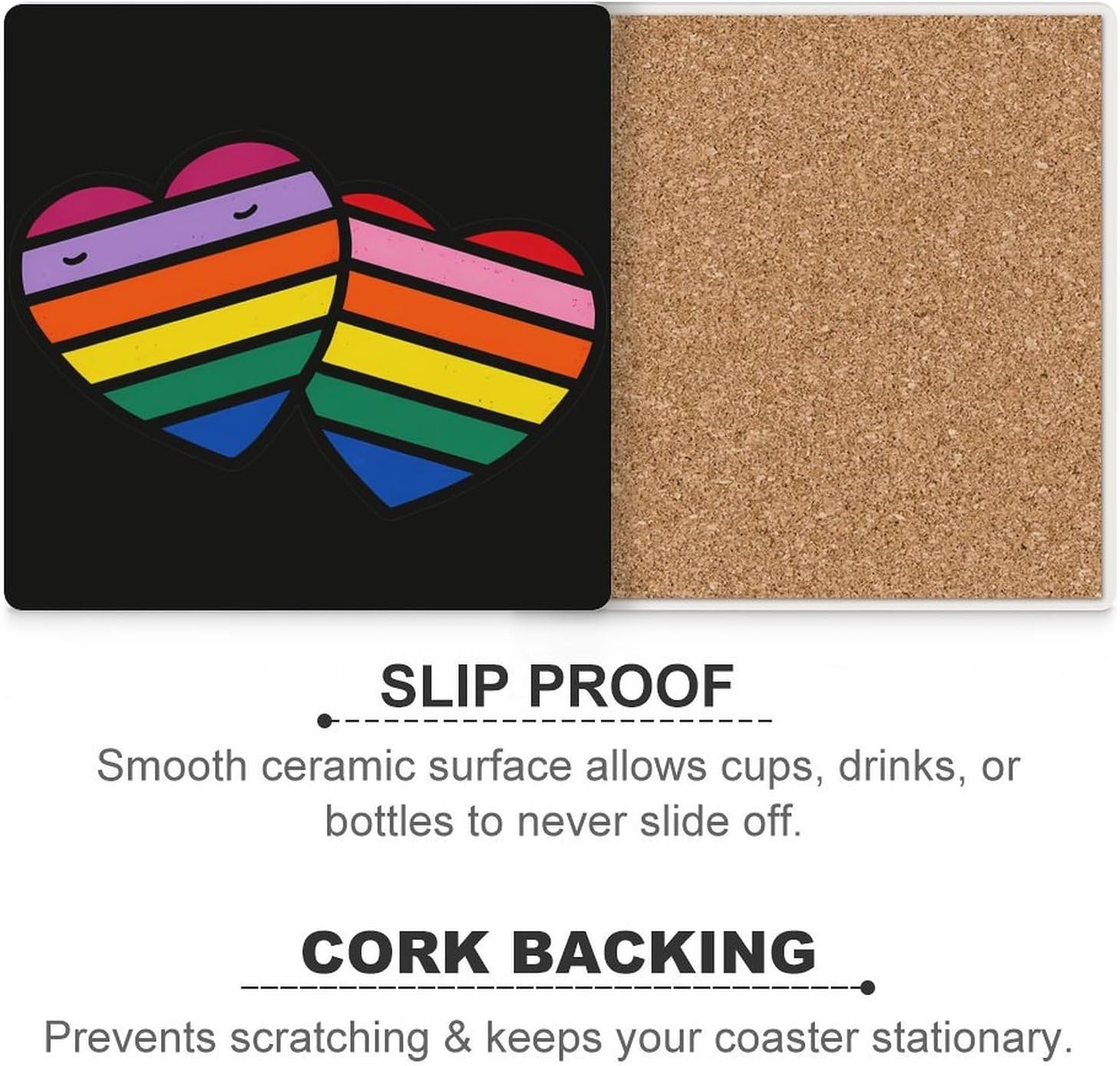 Rainbows Heart Coaster for Drinks Square Ceramic Table Coasters Stone Mat Crafts 6PCS Home Kitchen Decor