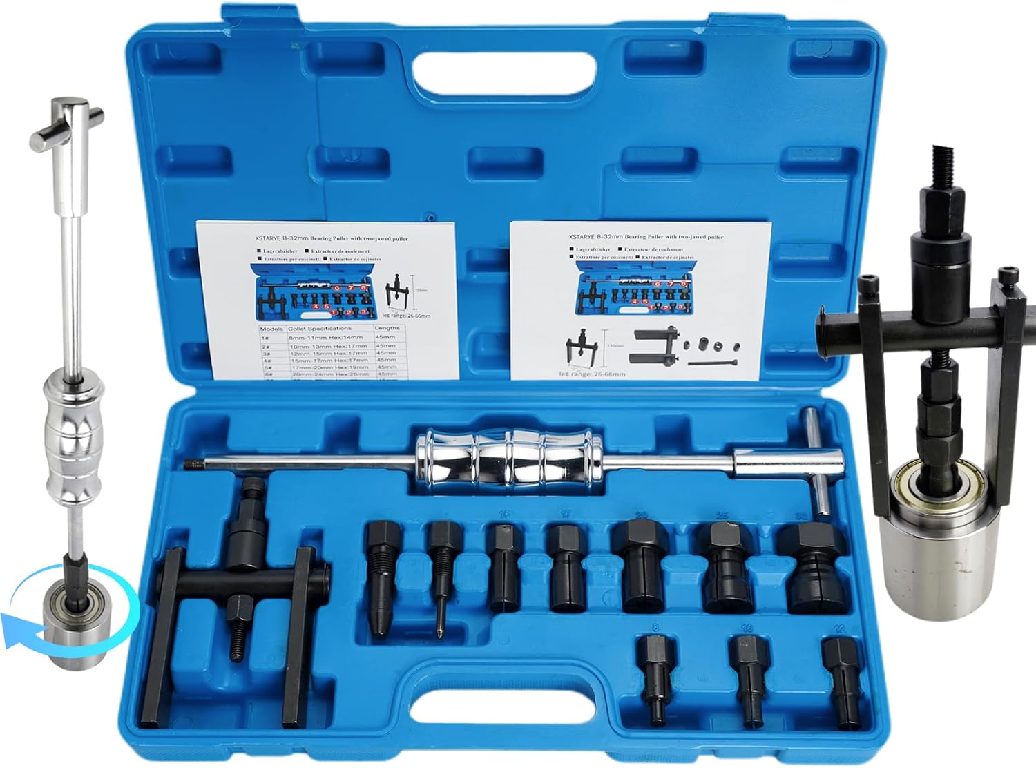 Upgrade Bicycle Blind Hole Bearing Puller Set with Slide Hammer & Two-Jawed Puller Internal Bearing Extractor Puller Kit with 8PCS Expandable Collets Size 8-32MM