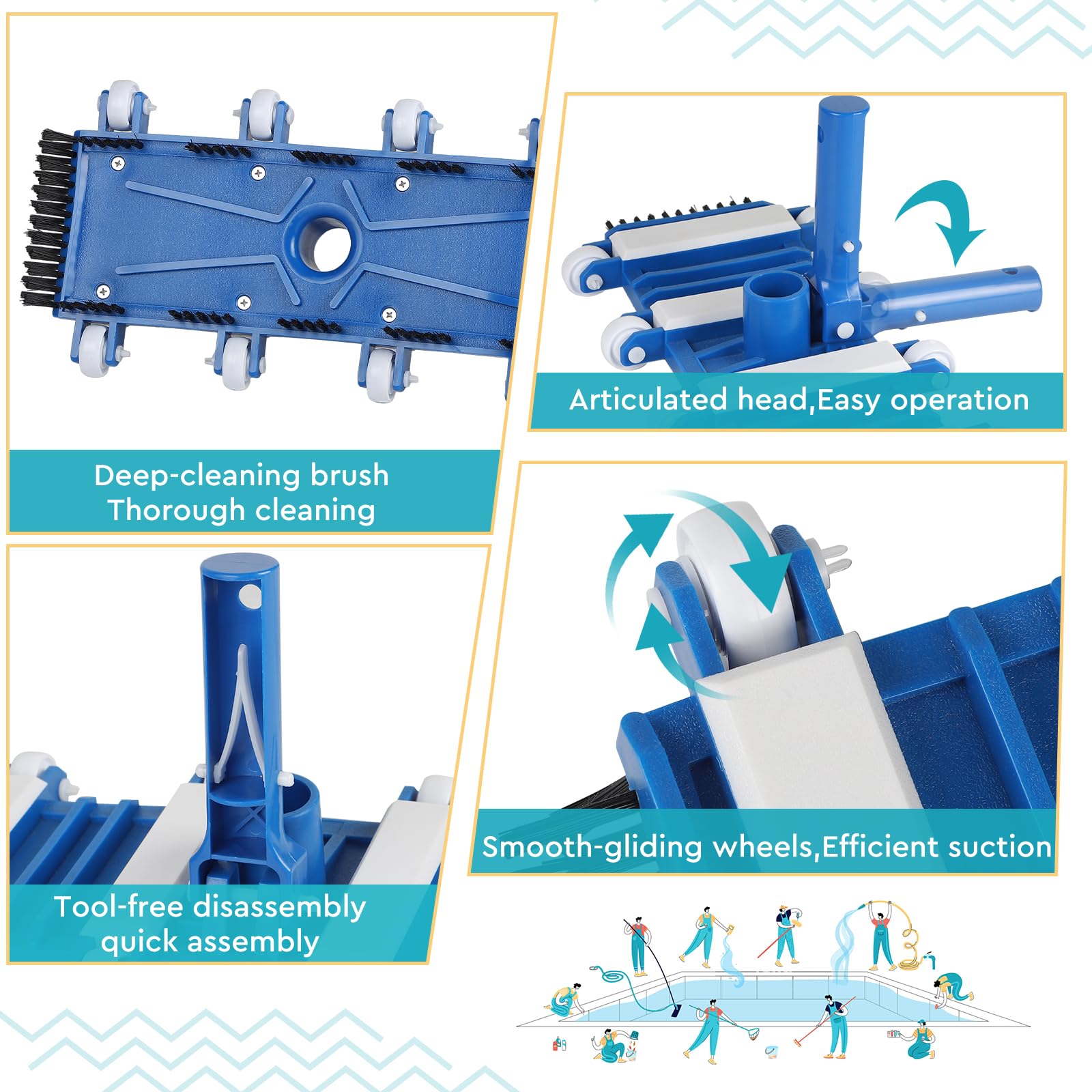 EFUTURETIME Limpiafondos Aspirador Manual de Piscina con Cepillos Laterales y Rodillos, con Desmontable Pértiga Telescópica de 2 m