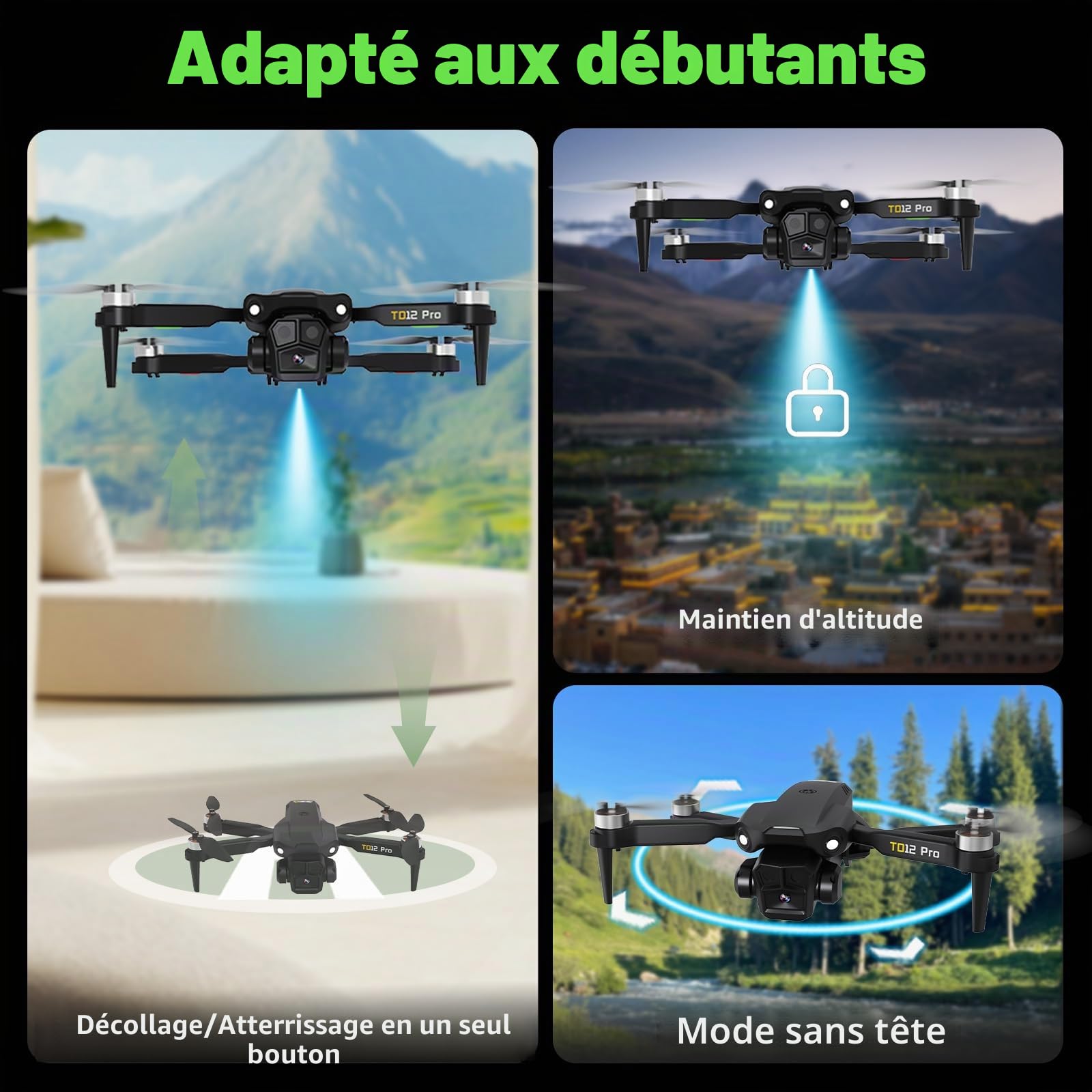 Toladrone TD12PRO Drone avec Caméra 1080P, Drones pour Adultes, Réglage Motorisé à 90°, Résistance au Vent de Niveau 3, Contrôle via Application, Quadricoptère Pliable pour Débutants