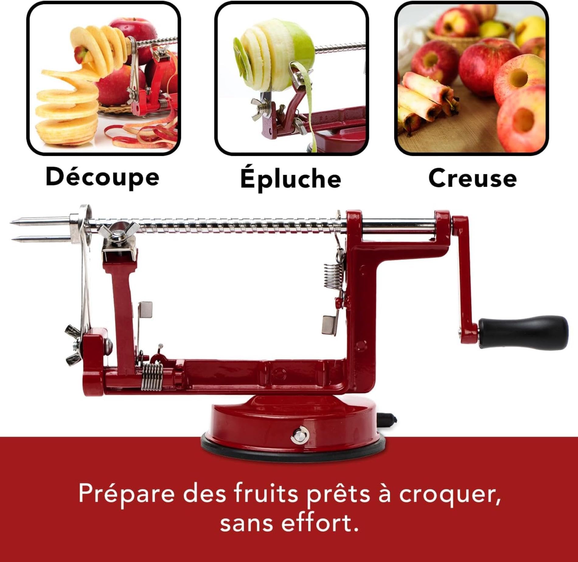 Éplucheur de pommes en métal Baumalu Rouge-Vin 25,5 x 15 x 11 cm avec ventouse