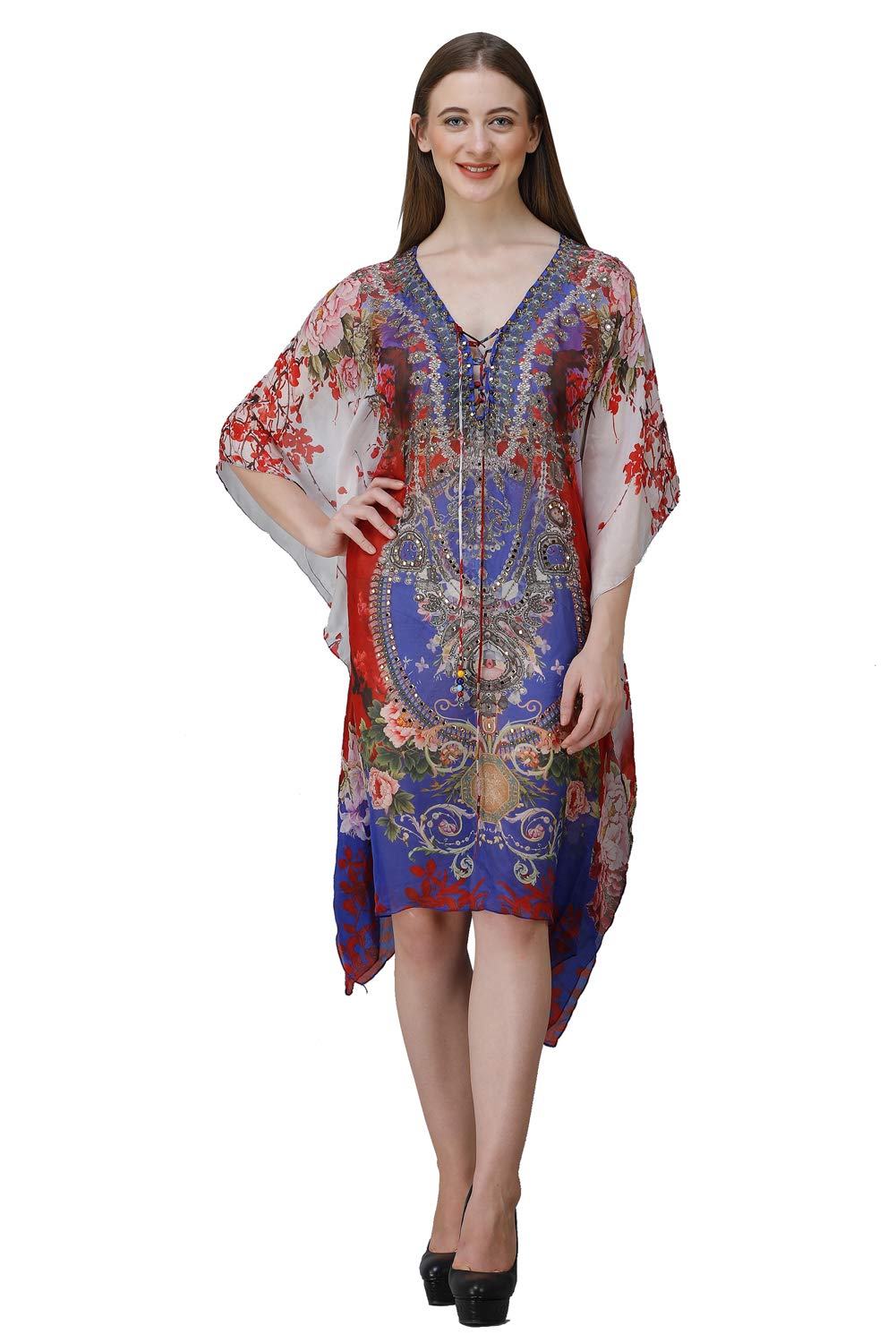 Short Red Blue Digital Printed | Georgette Kaftan | Vacation Wear | Beach Wear | Coverups | Kaftan Dress | For Women | Free Size [M-3XL]-image-45
