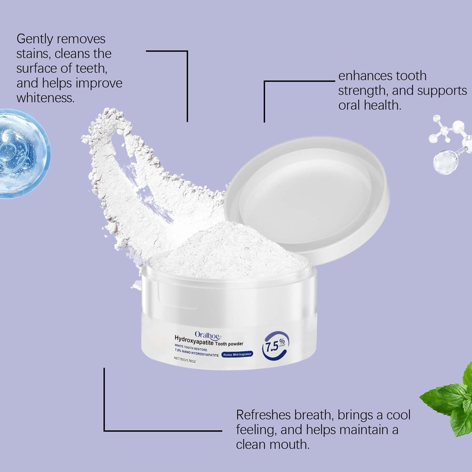 2Pcs Microcrystalline Hydroxyapatite Powder, Hydroxyapatites Toothpaste, Microcrystalline Tooth Powder for Stain Removal, Teeth Cleaning, Fresh Breath