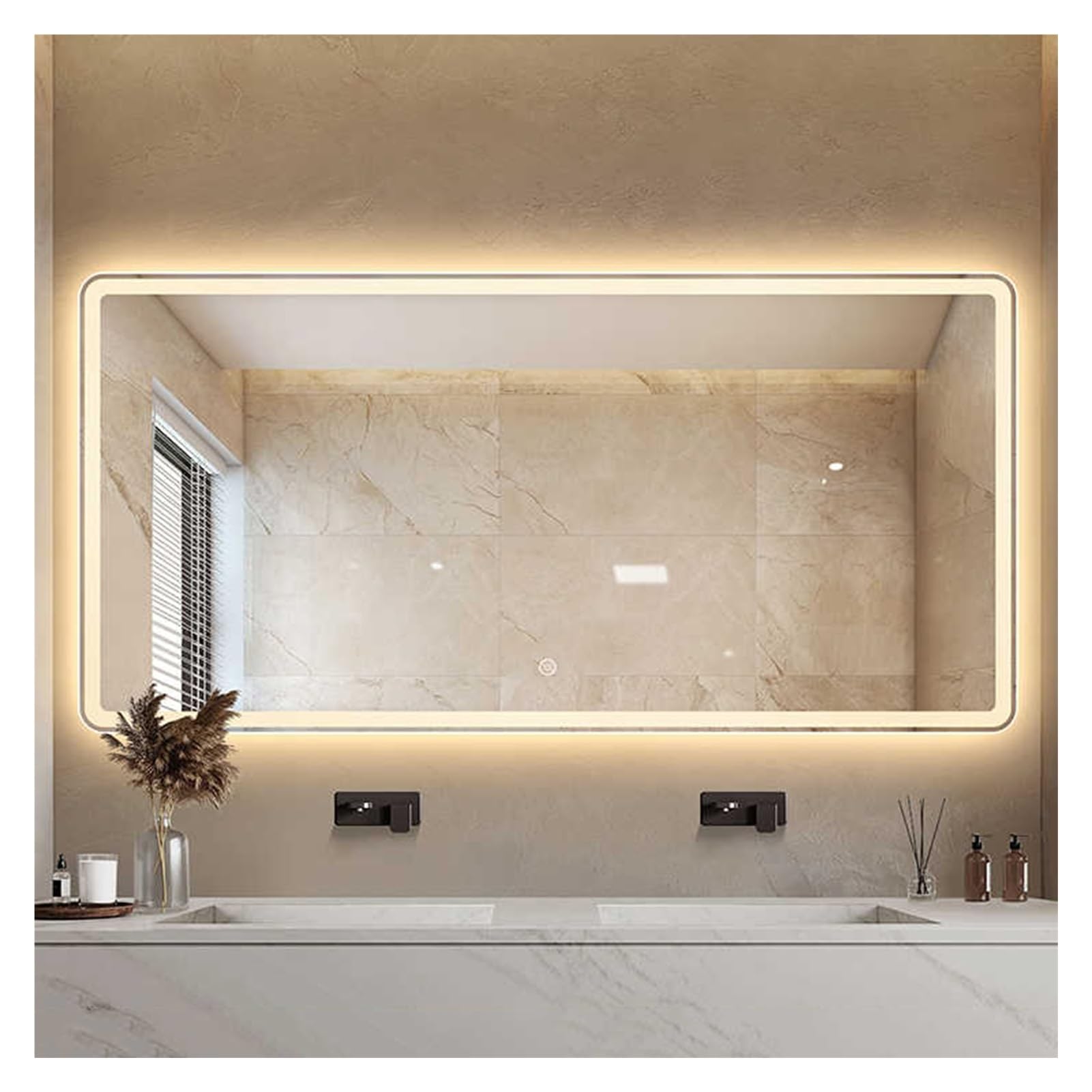 SXFSDOU Illuminated Wall Mounted Bathroom Mirror, Touch Screen Makeup Mirror with 3 Color Dimming, Irregular Decorative Design, 50x100cm, Perfect for Vanity & Grooming.