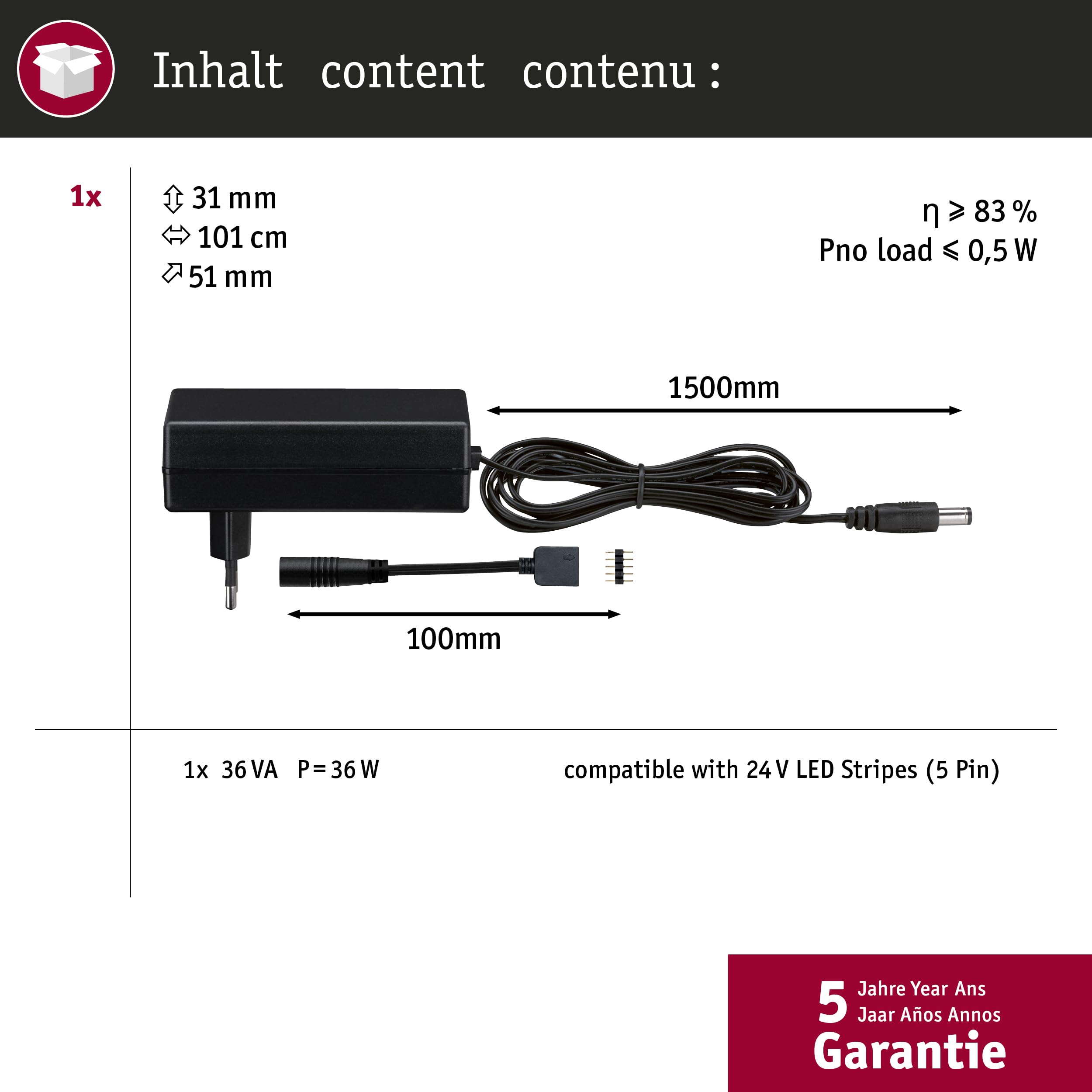 Paulmann 79837 Alimentazione universale plug-in 36 Watt 230/24V DC sistema d’illuminazione nero illuminazione plastica trasformatore