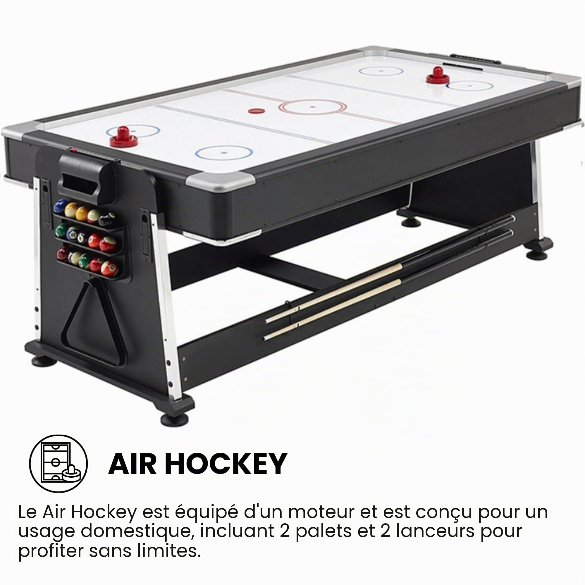 DEVESSPORT Olimpus Multijeu rotatif 4 en 1 | Table de billard, air hockey, ping-pong et table de salle à manger | 203,5 x 112 x 81 cm | Comprend tous les accessoires pour les 3 jeux